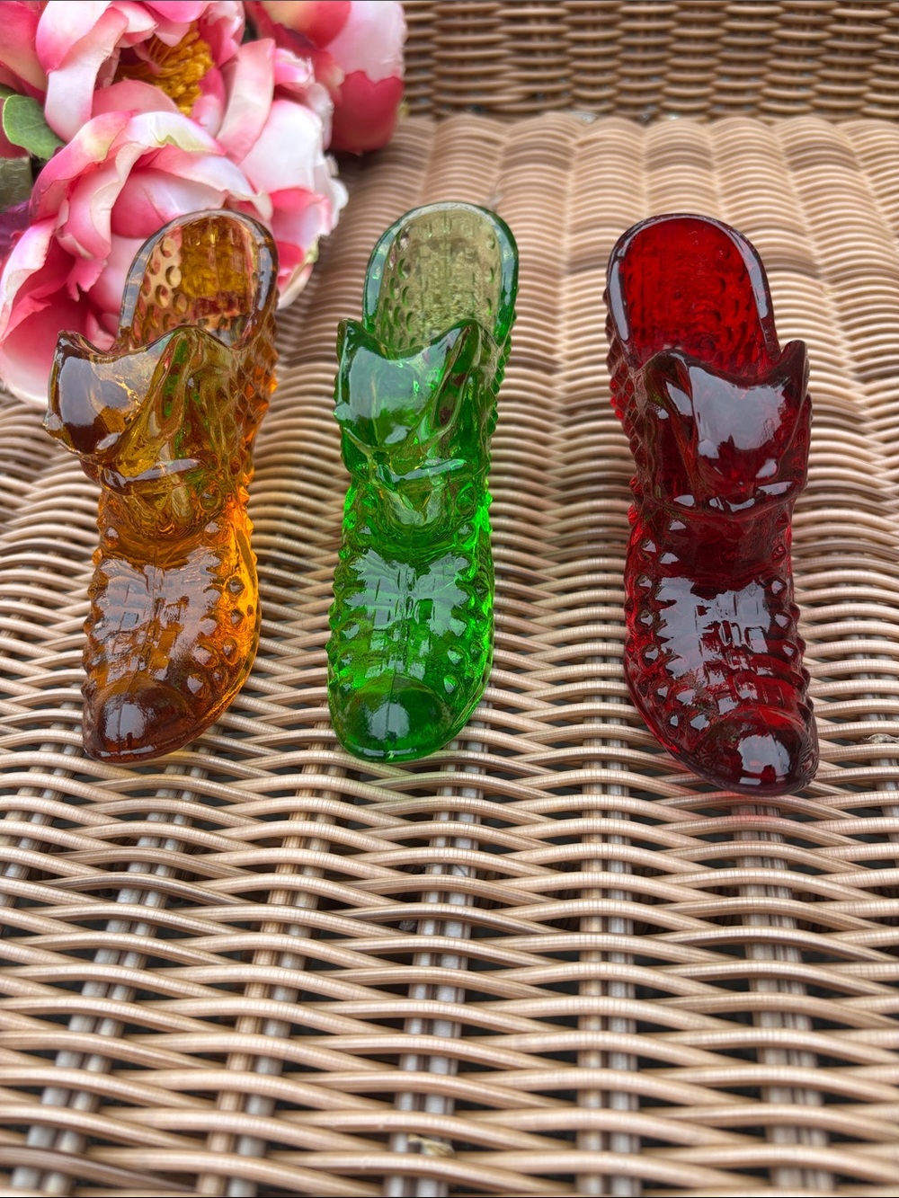 Fenton Art Hobnail Cadmium Glass Decorative Shoe Trio - Jaguar head